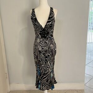 Black & White Zebra Print Maxi Dress with Blue Accents